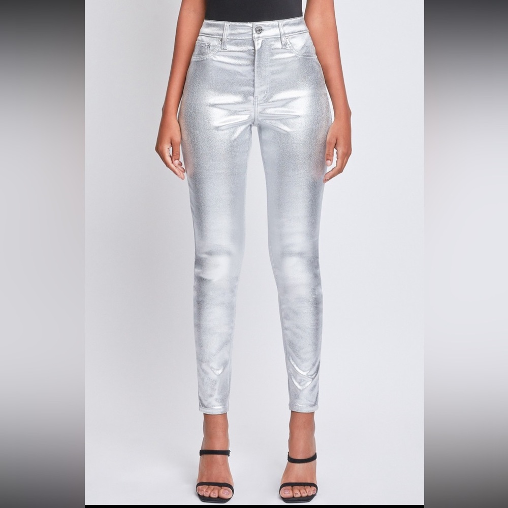 NEW WOMENS METALLIC SKINNY LEG PANTS SILVER LARGE